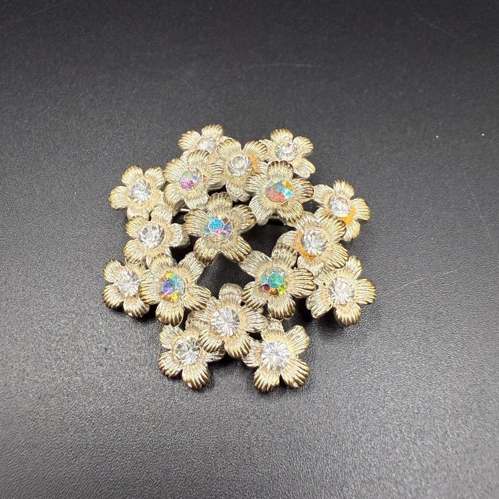 Silver Tone AB Floral Brooch Vintage Style